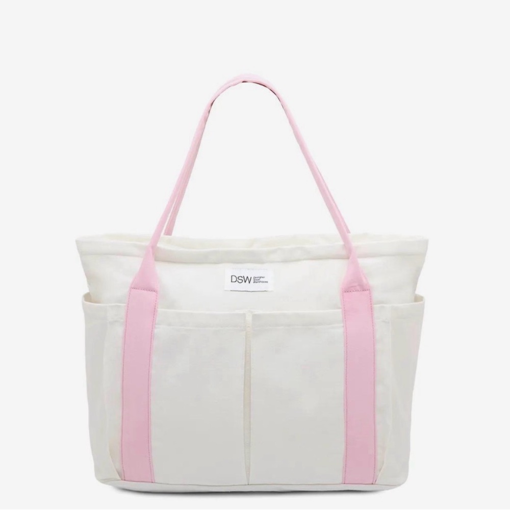 DSW Canvas Tote Bag Cream & Pink Multi Pocket Shoulder Bag